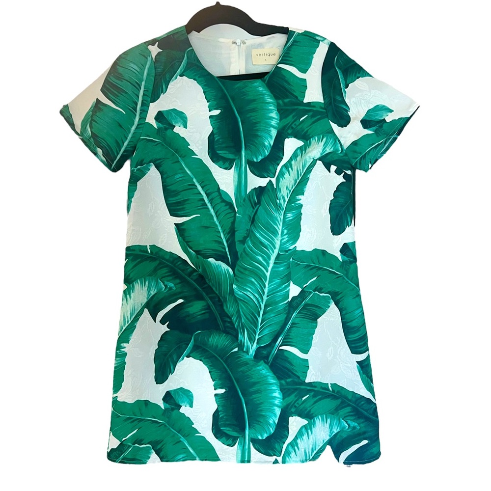 Vestique green and white banana leaf print sheath mini dress size small